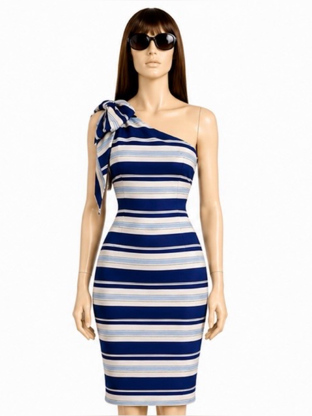Banana Republic One Shoulder Bow Stripe Midi Dress Nautical Chic Size 6